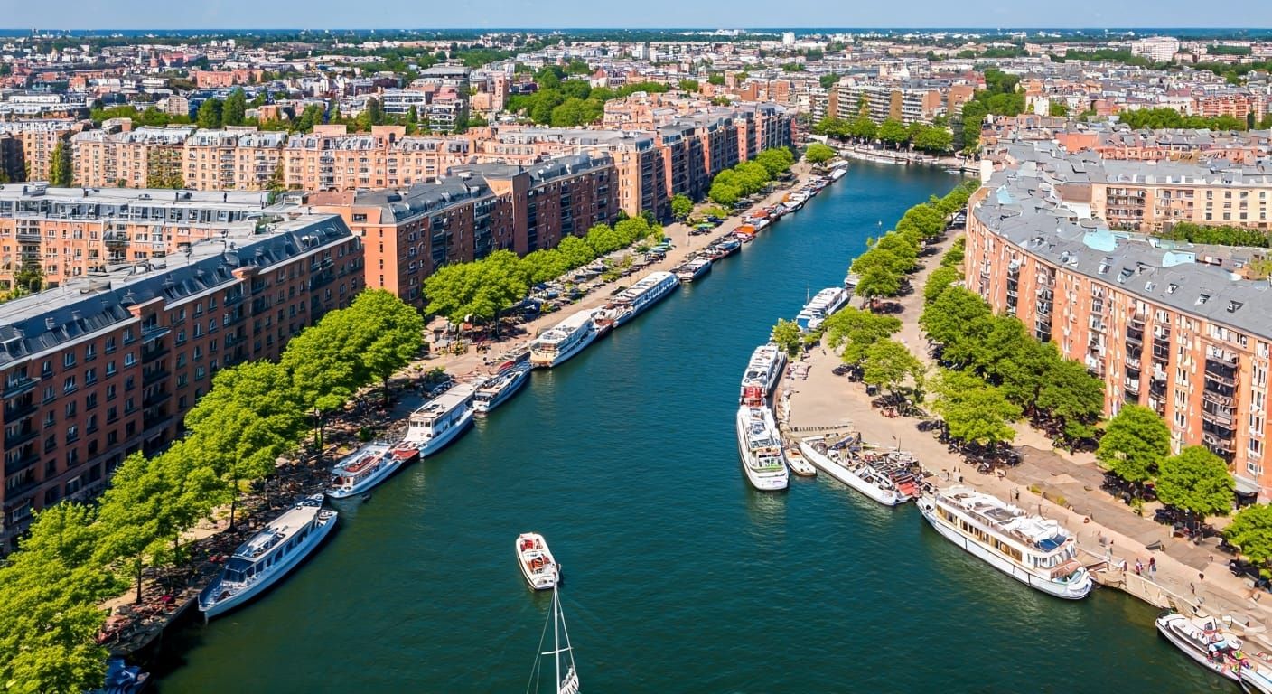 Vibrant Cityscape Aerial View with Canal