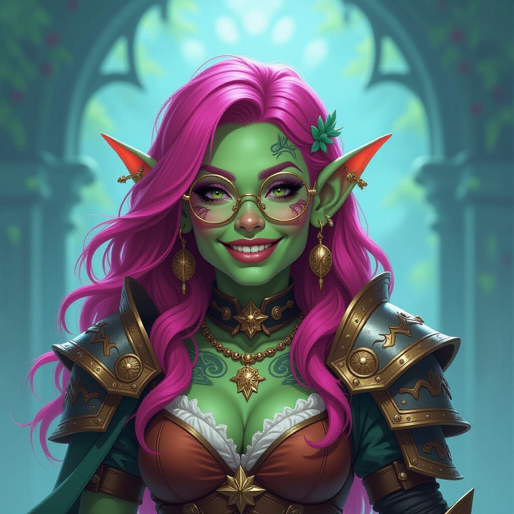 Fantasy Goblin Cleric with Pink Hair and Tattoos