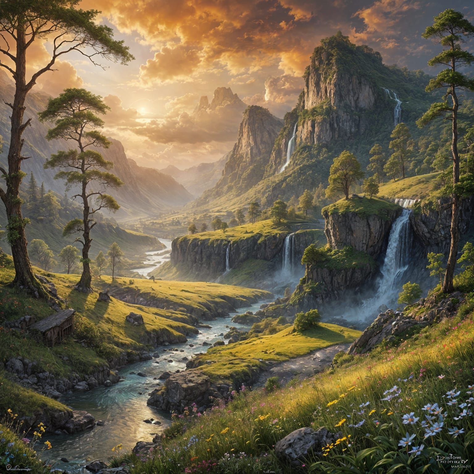 Surreal Golden Valley in Dreamlike Landscape with Moss-Cover...