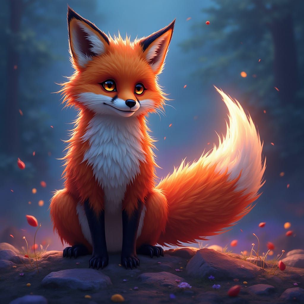 Surreal 9-Tailed Fox in Vibrant, Gradient Background