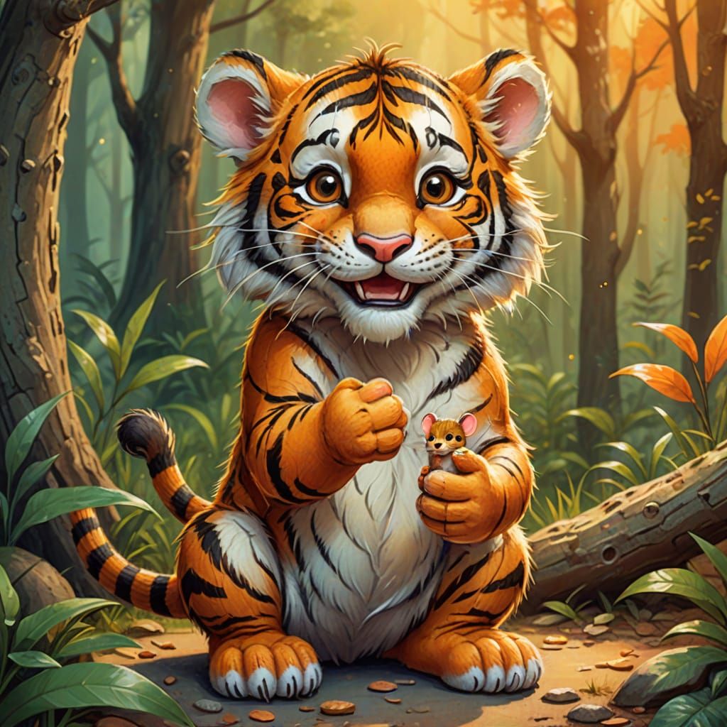 Tiger with a smiling  mouse on its paw
