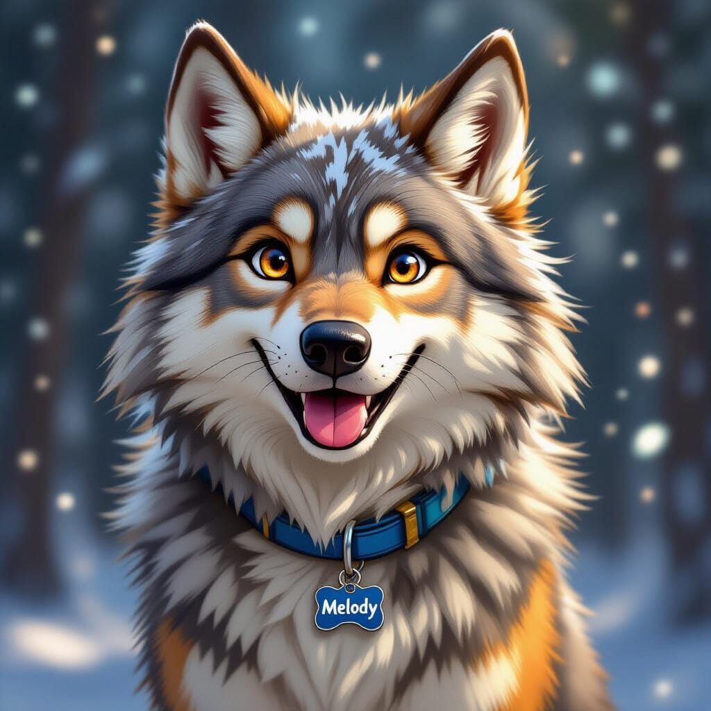 Joyful Brown Wolf with Blue Collar, Romance Vibe