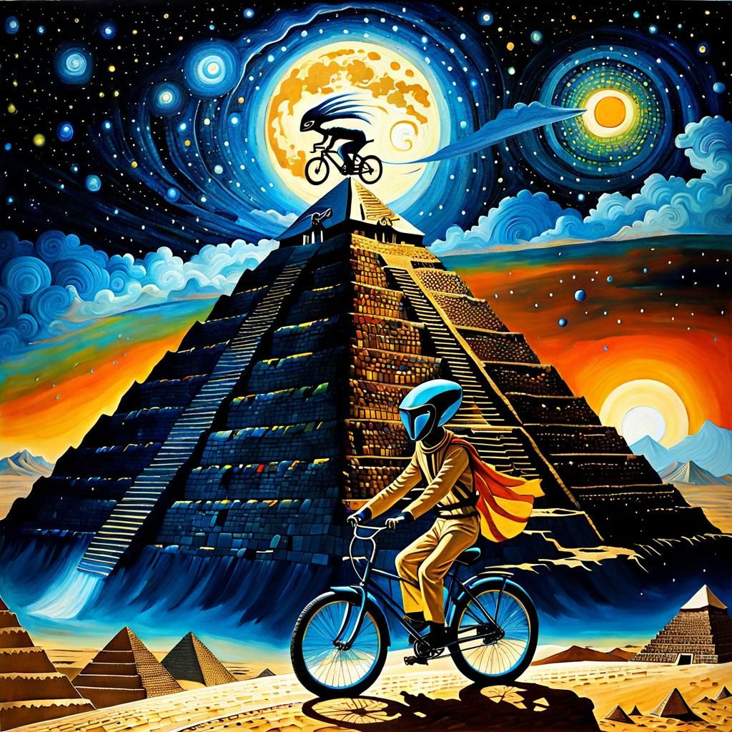 Alien Rides Bike Over Pyramid with Mosaic Sky