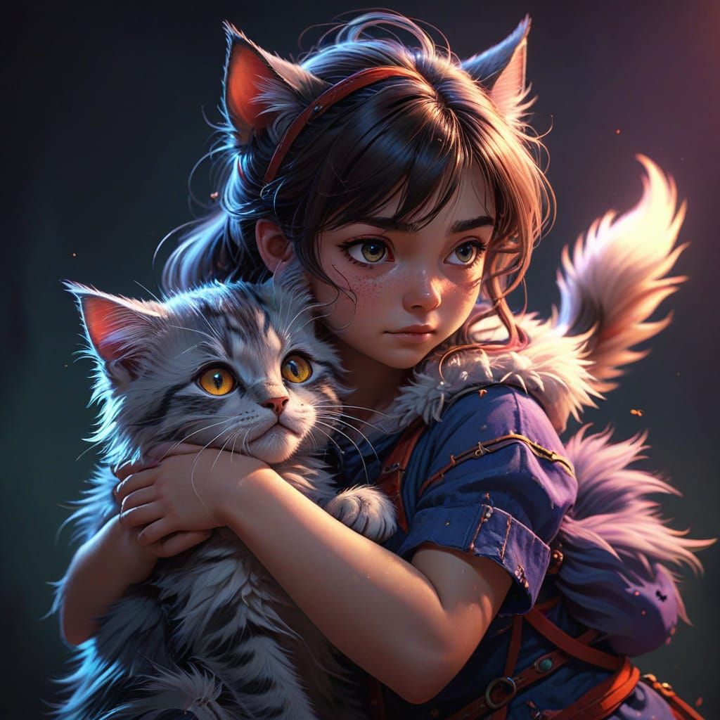 Kitten Clings to Girl's Back in Anime Style