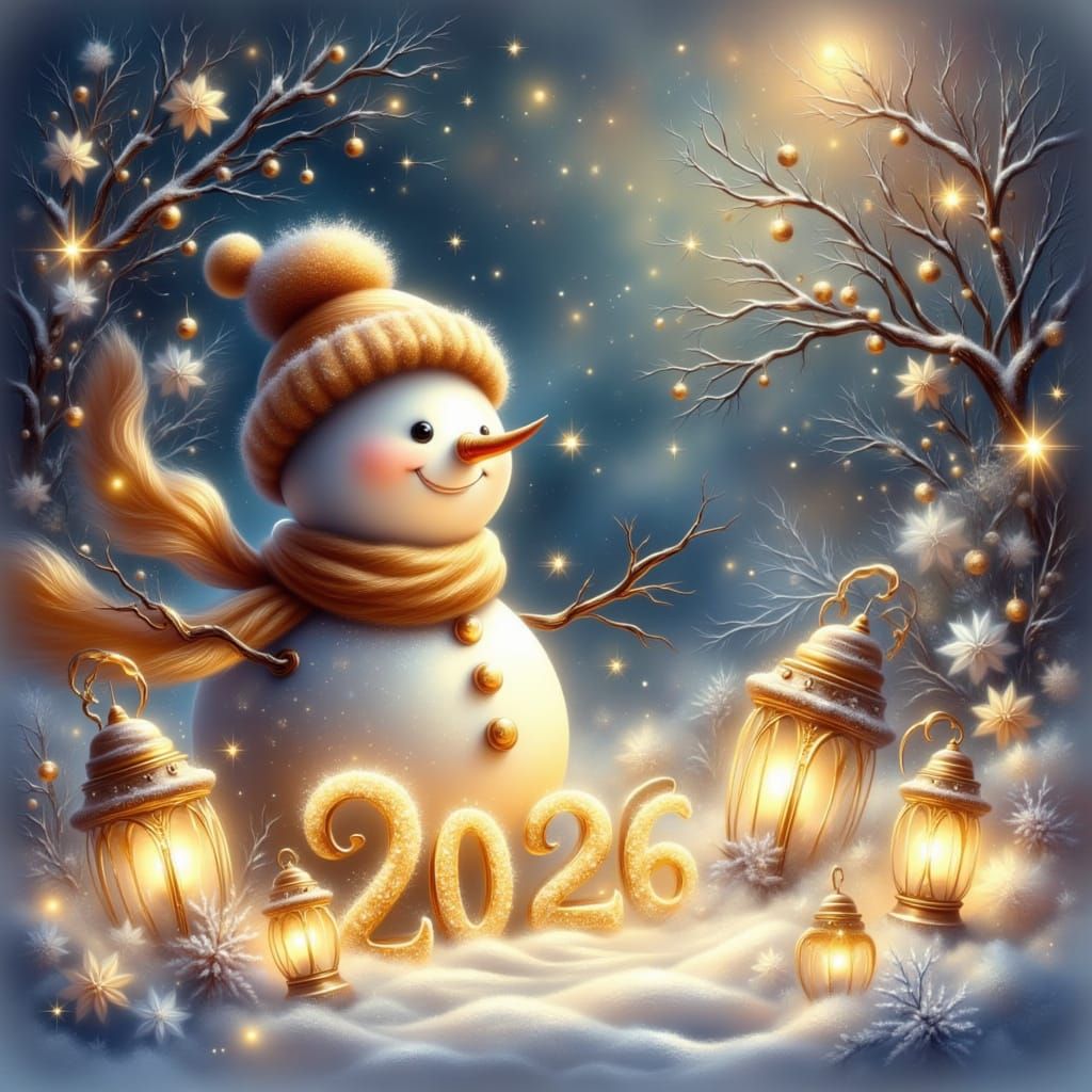 Magical Winter Night with Snowman and Golden Stars