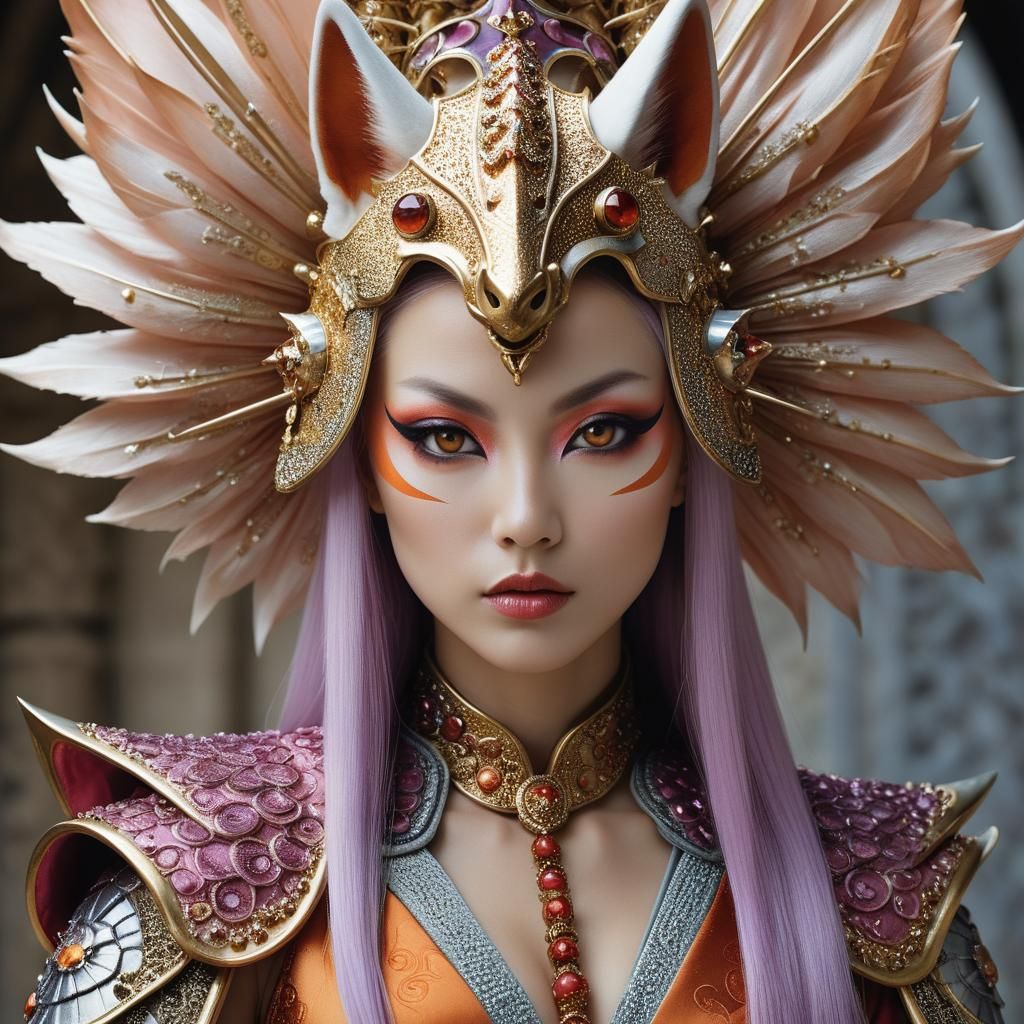 Kitsune in Ornate Armor, Detailed Digital Portrait