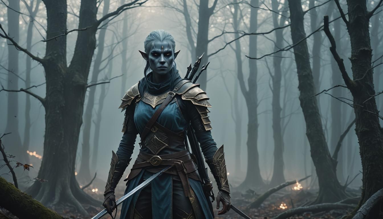 Dark Elf Assassin in Misty Forest: Cinematic Surrealism