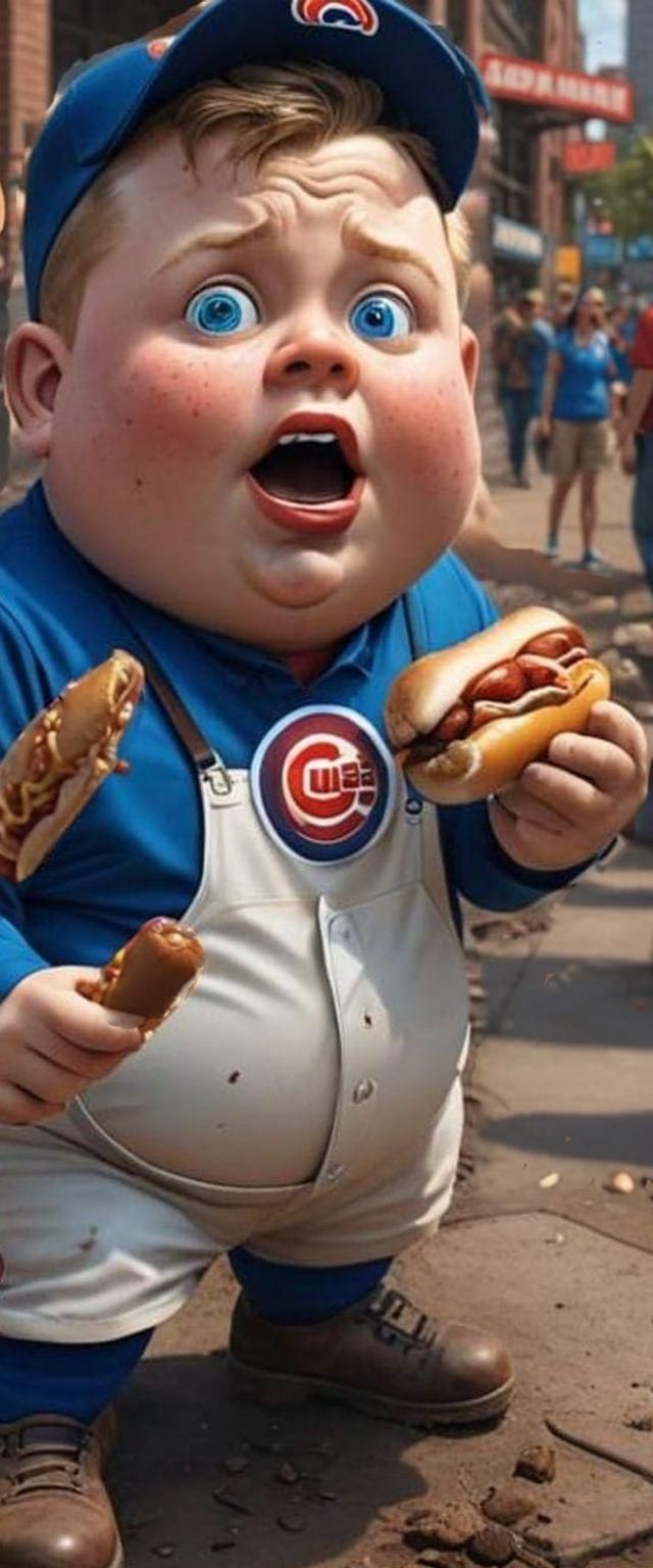 Boy in Cubs Uniform Eating Hotdog, Surreal Art