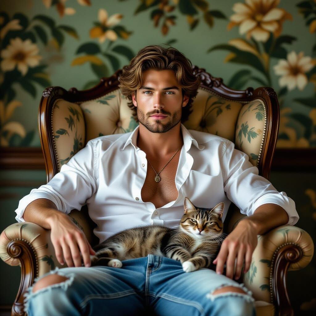 Man and Cat Relax in Vintage Botanical Salon