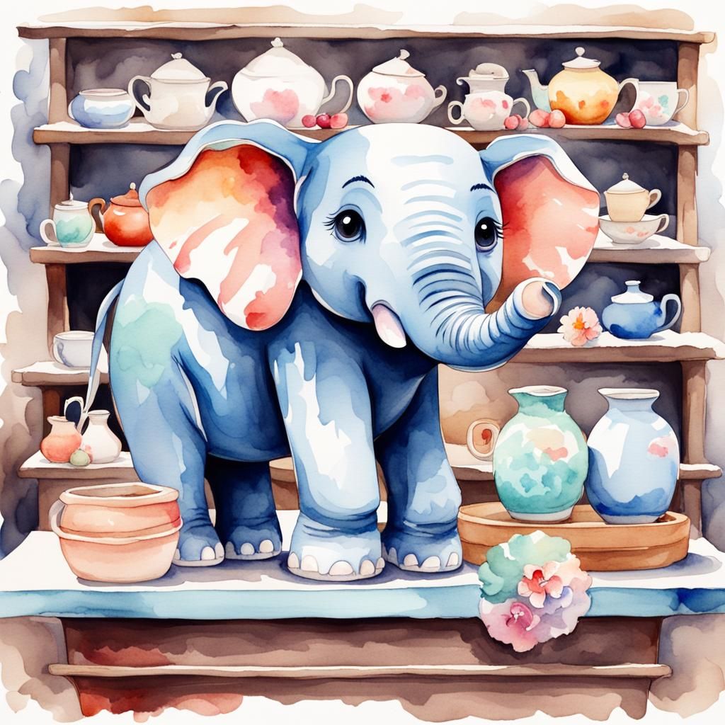 Cartoon Elephant in Porcelain Shop: Watercolor Art
