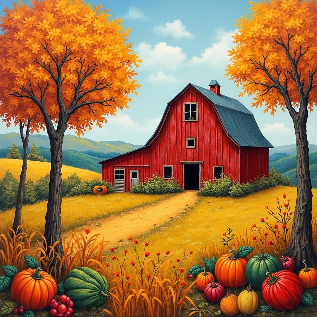 Vibrant Autumn Farm Scene in Folk Art Style