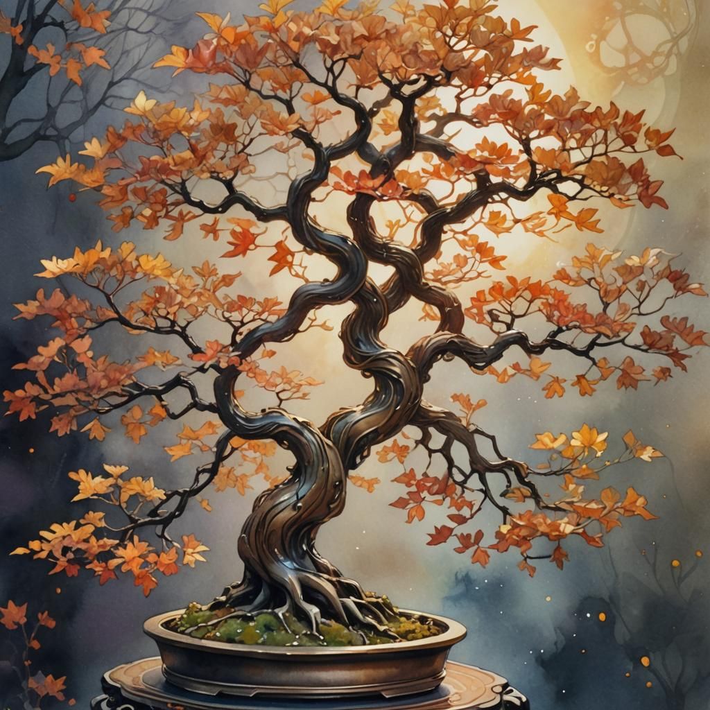 Ethereal Metalwork Bonsai in Watercolor Style