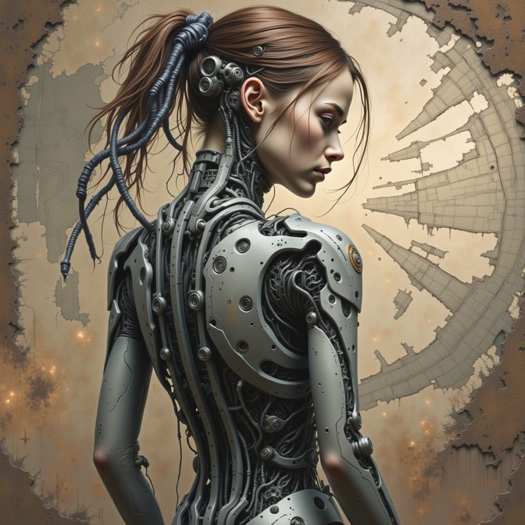 Cyborg Woman Stands Before Broken Window