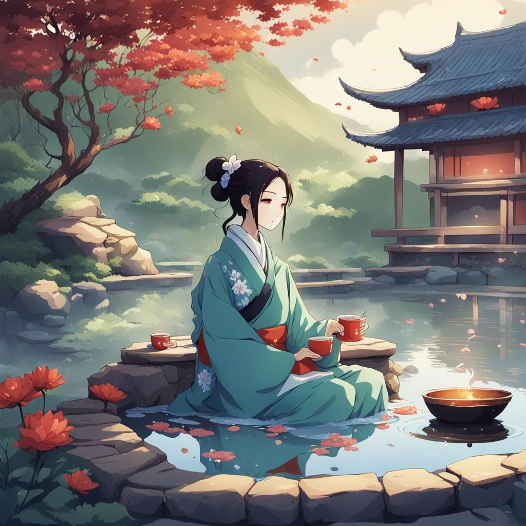 Ancient Beauty Sipping Tea in China: Anime Style