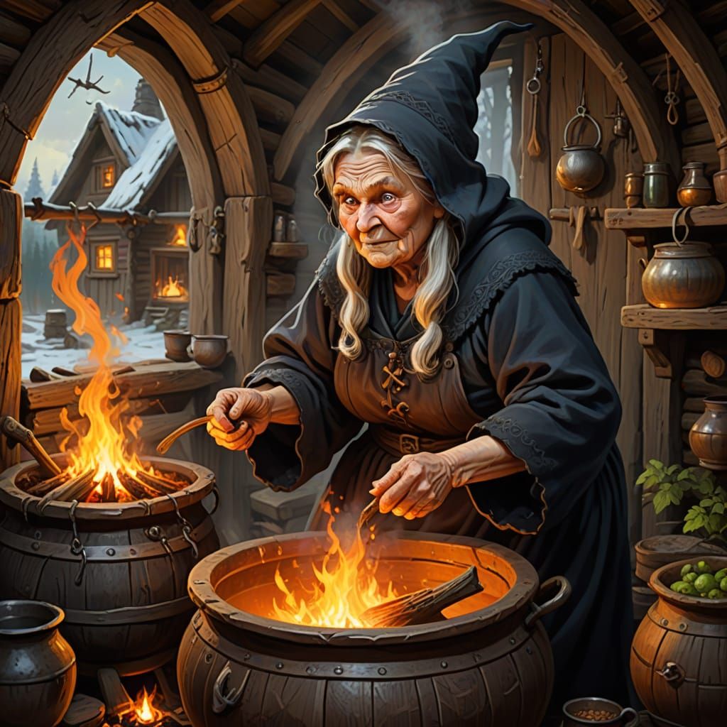 Mystical Russian Witch Brews in Ancient Hut