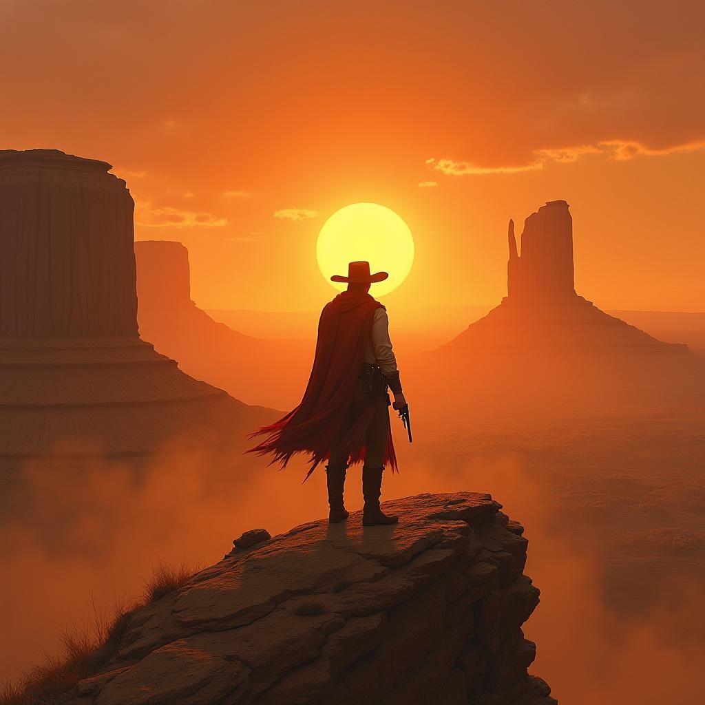 Western Adventurer at Utah Sunrise, in Digital Painting Styl...