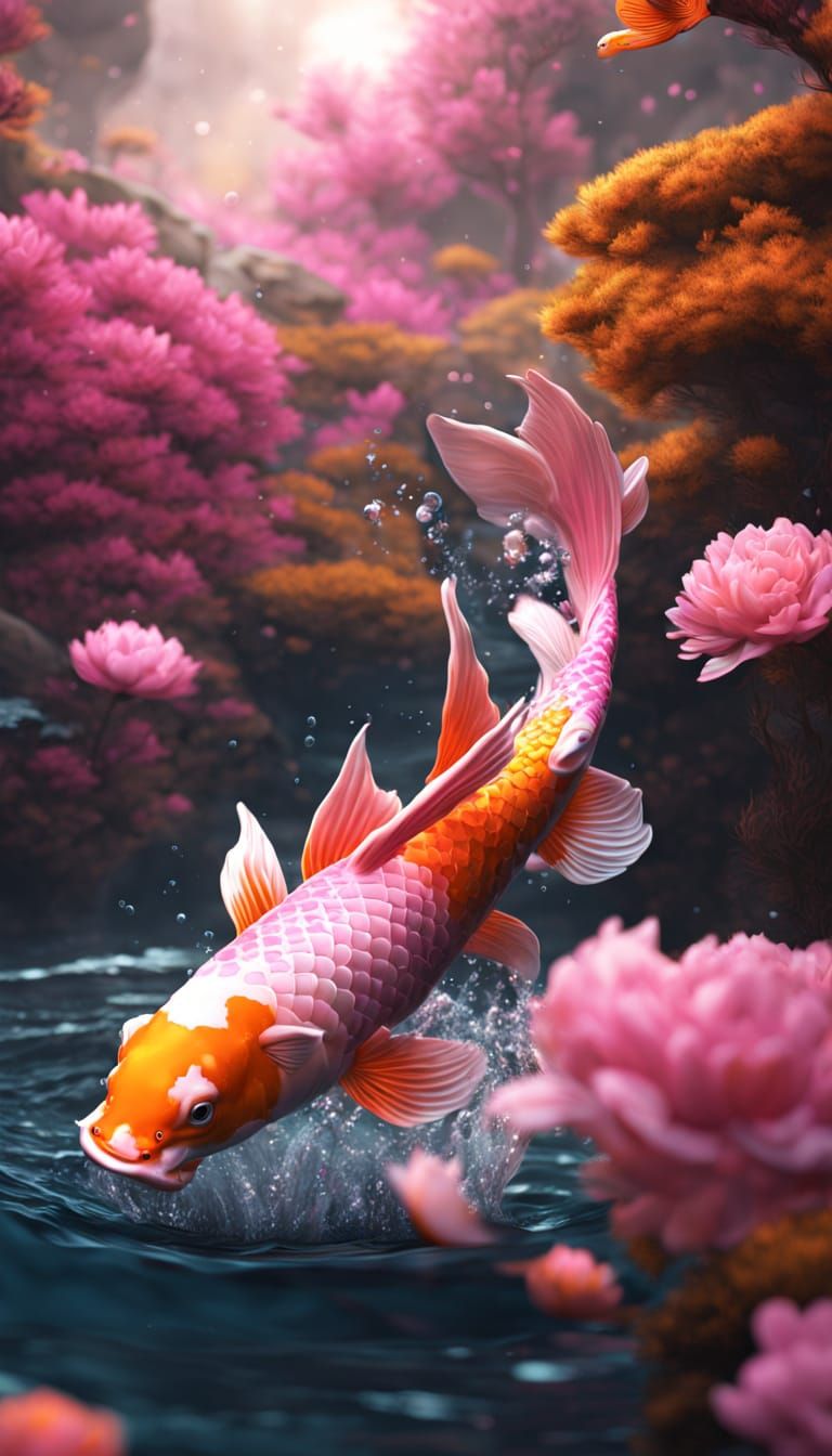 Koi Leaping from Water: Detailed Matte Painting