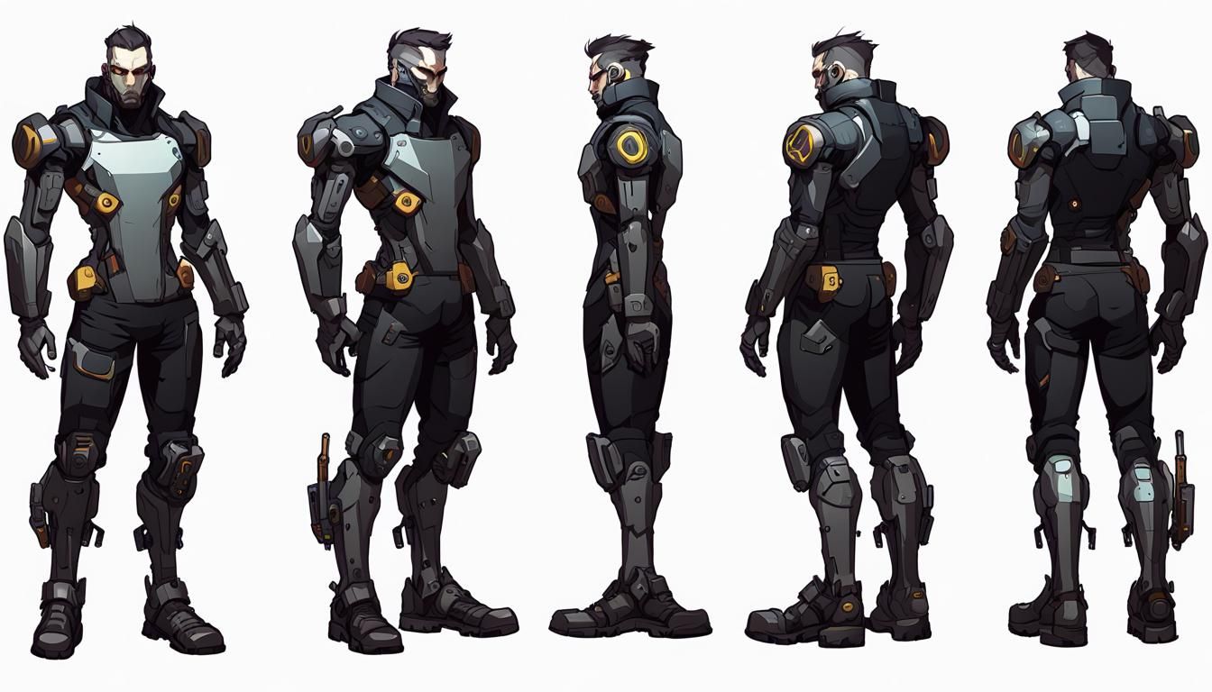 Character concept art, turn_around_sheet, cyberpunk android, android, male, mechanical boots, humanoid face, cyberpunk s...