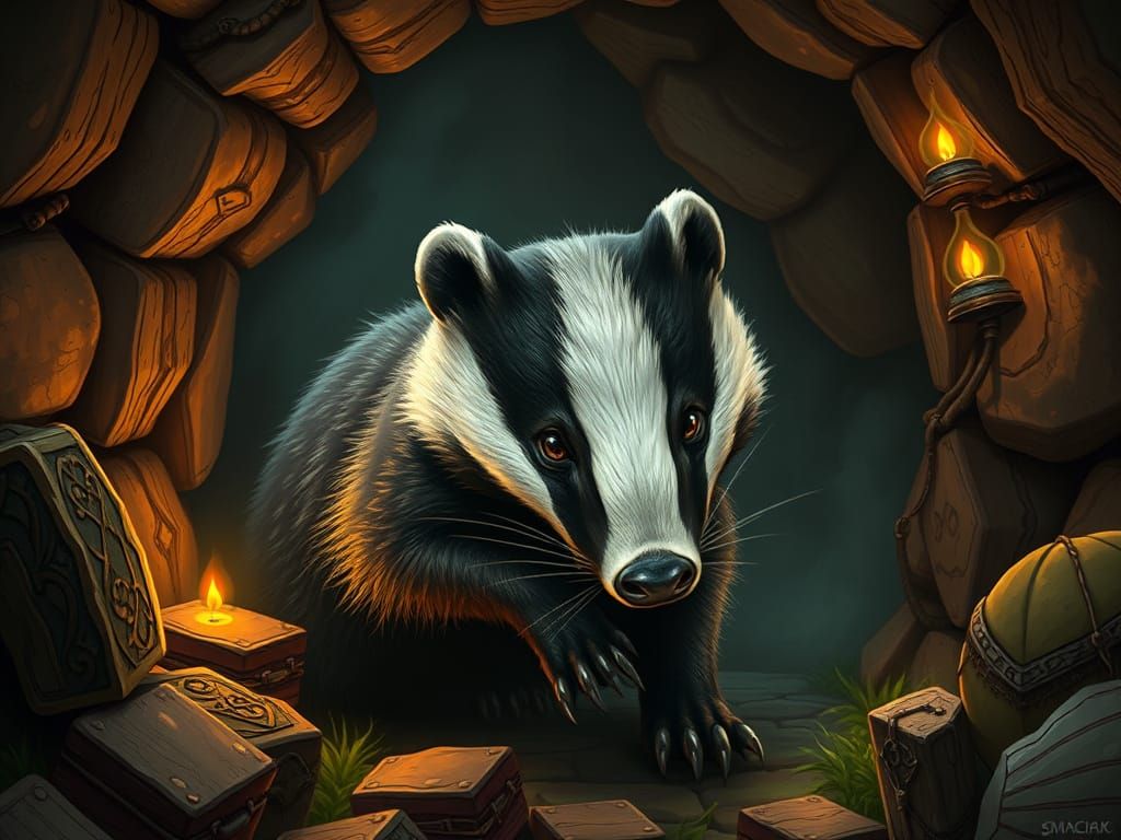 Surreal Badger Dungeon Scene in Vivid Fantasy Style