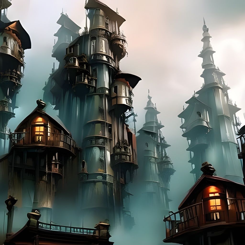 Steampunk Stacked Houses in a Maximalist Style