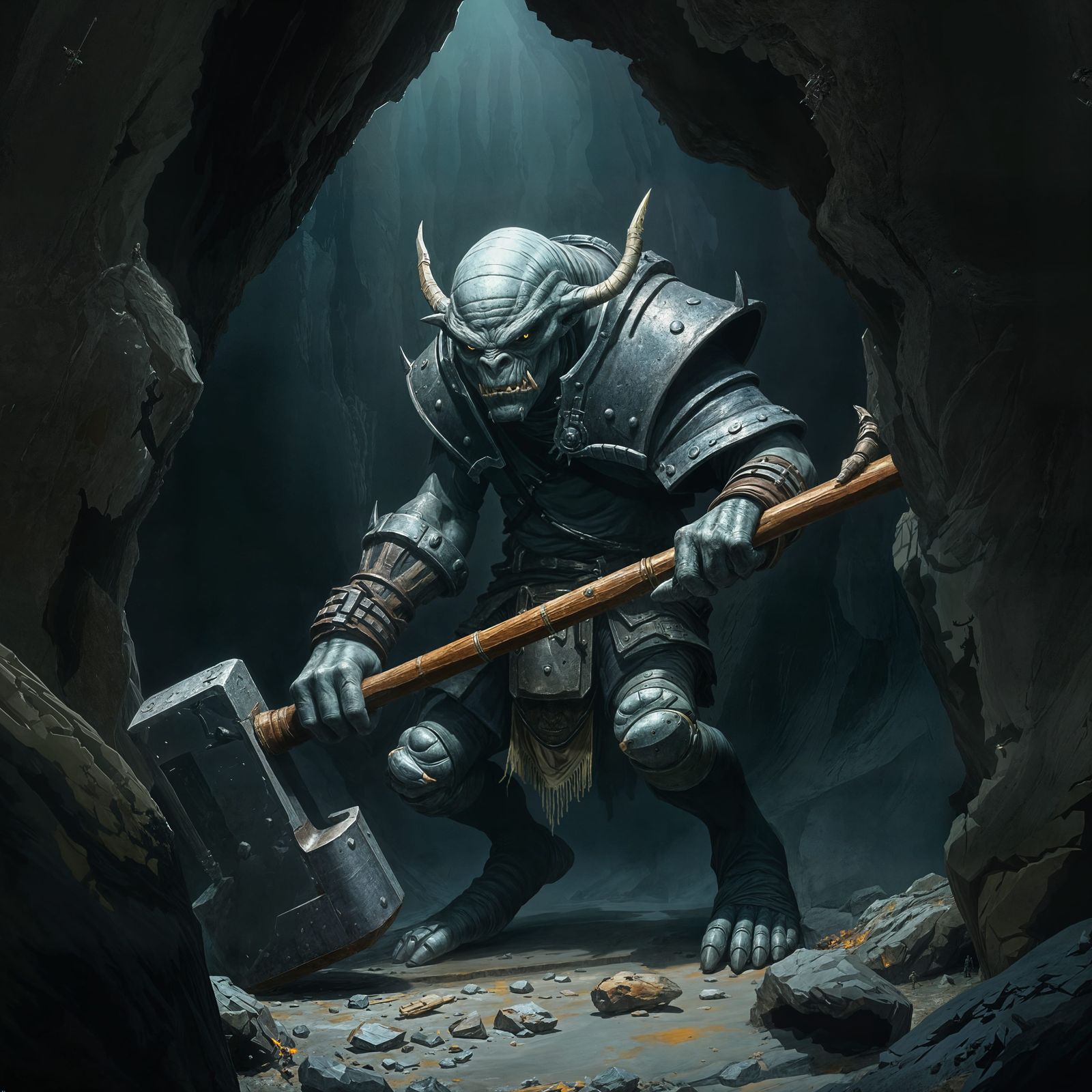 Orc Warrior Hiding in Cave with Hammer