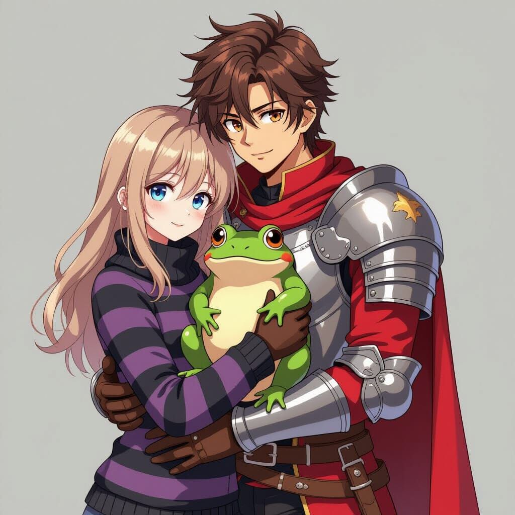 Anime Young Man in Red Livery Embraces Woman with Frog