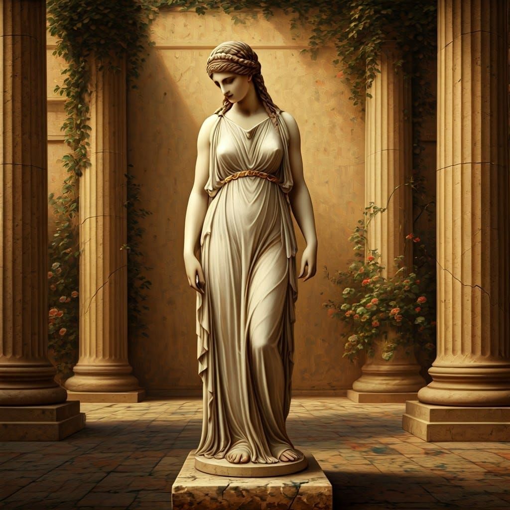 Ancient Greek Woman on Marble Pedestal in Golden Light