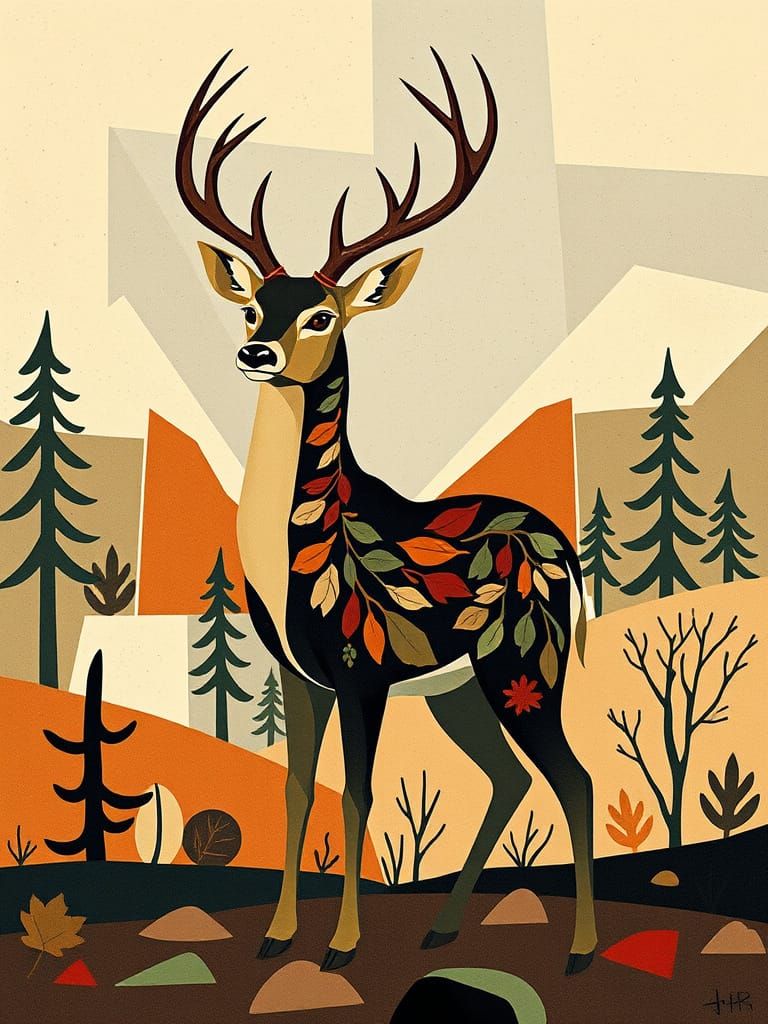 Deer in Cubist Forest Landscape with Foliage Coat