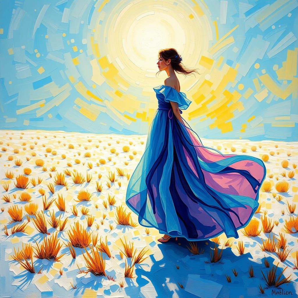 Ethereal Blue Goddess in Whimsical Snowy Field