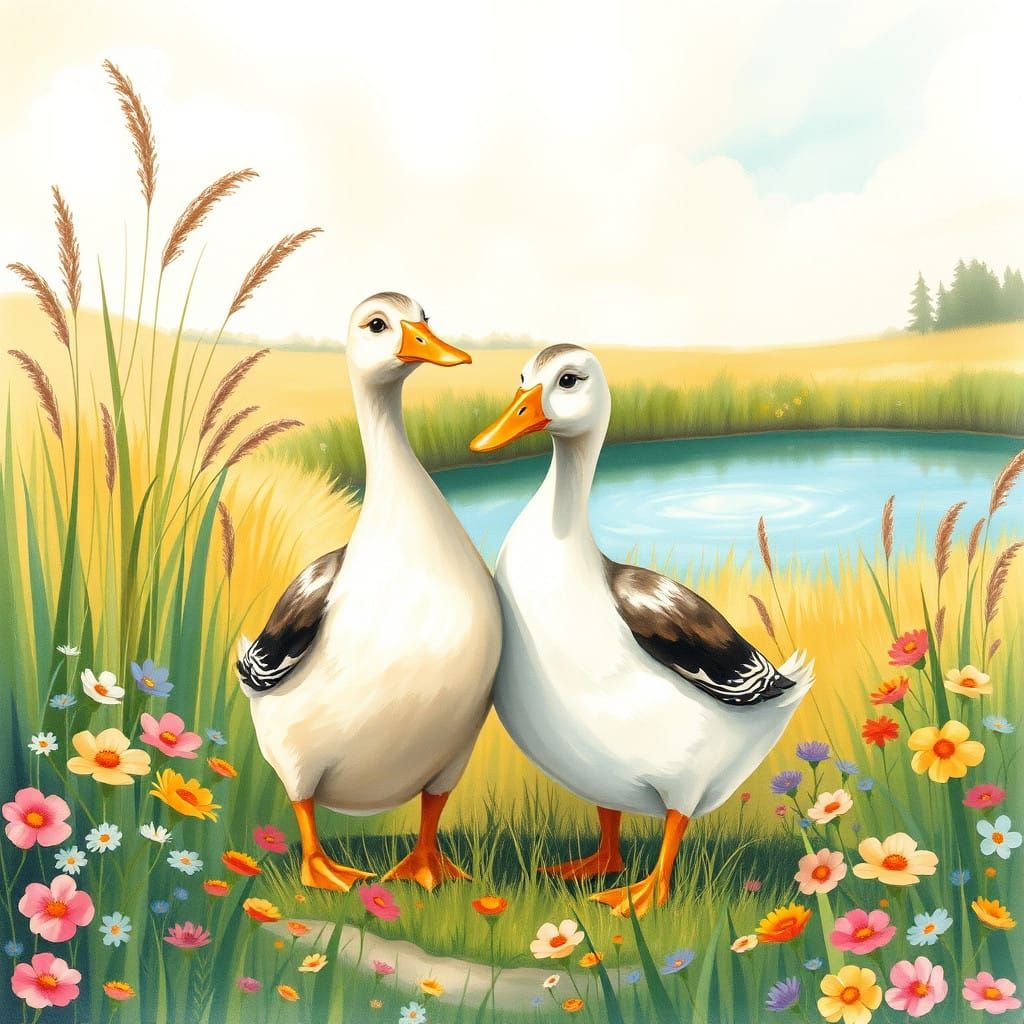 Charming Waterfowl in a Lush Meadow Scene