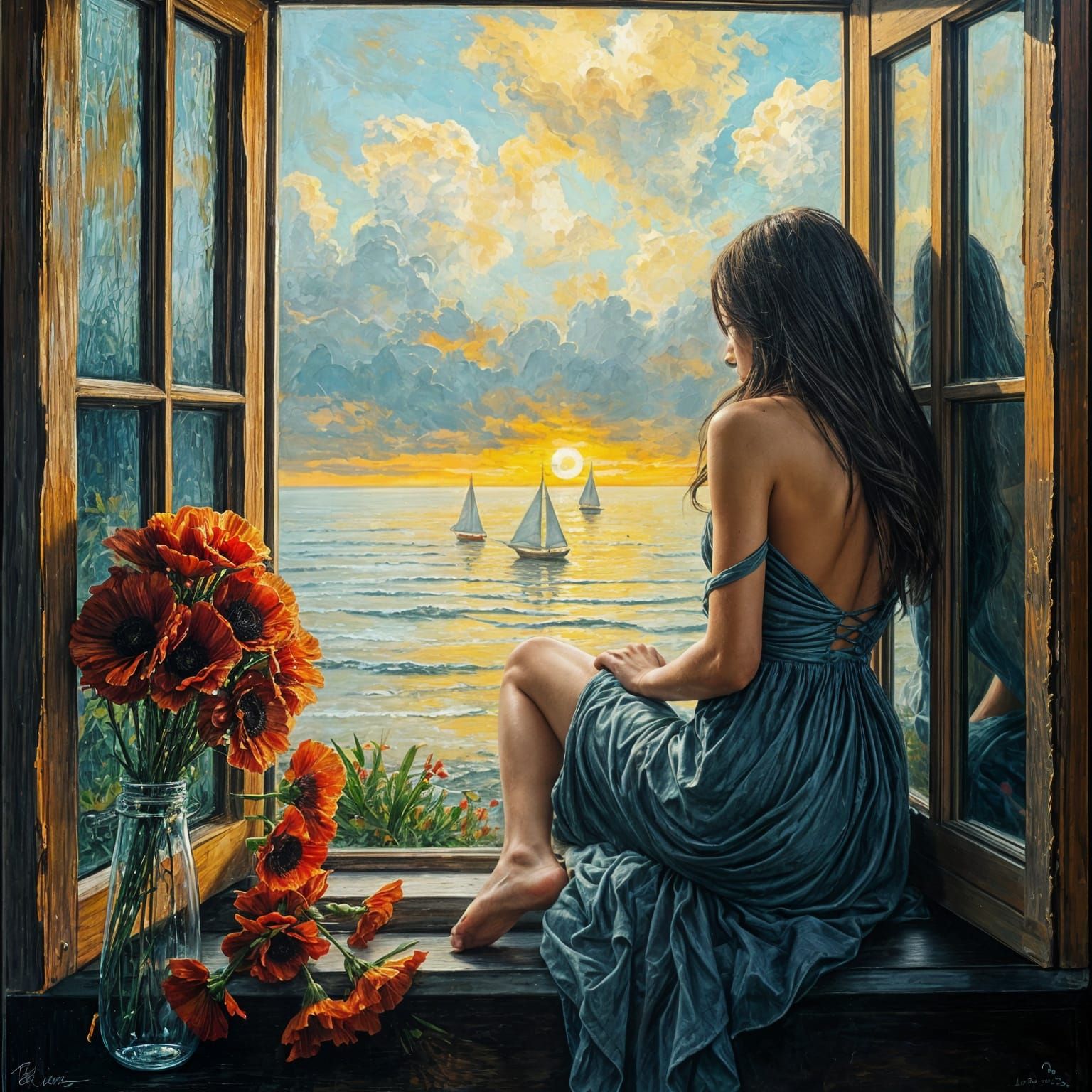 Woman Surrounded by Poppies and Rainy Beachscape in Impasto ...