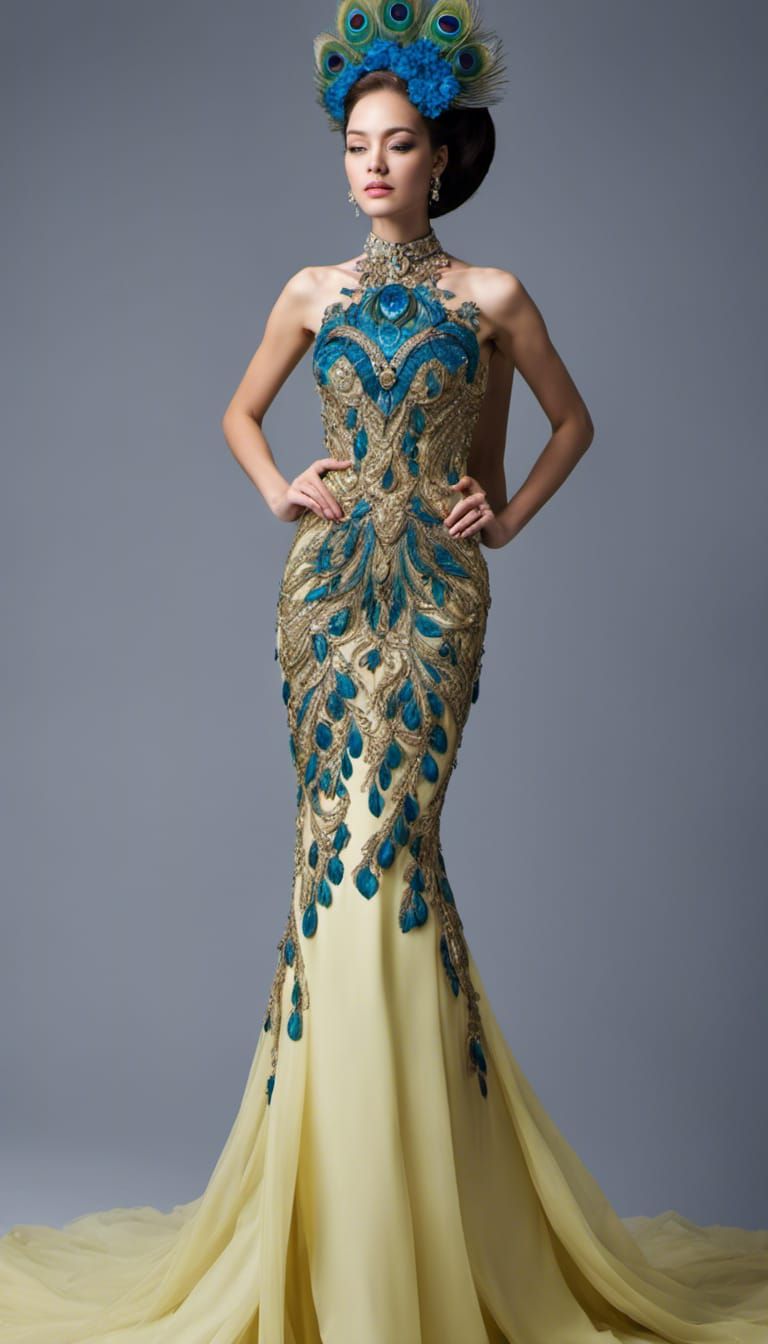 Sapphire Peacock Gown Haute Couture Portrait