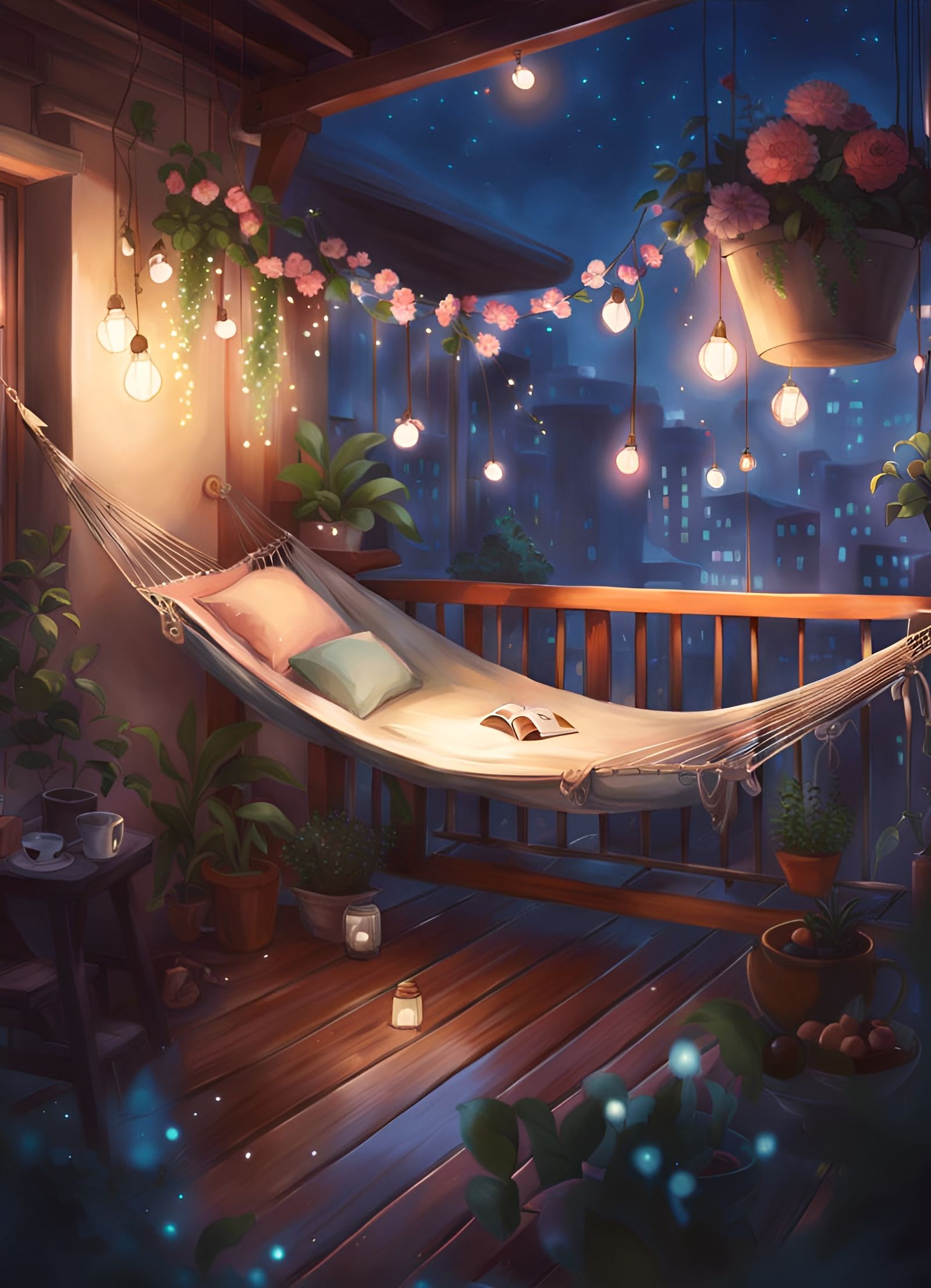 Charming Balcony with Hammock and Blooming Plants