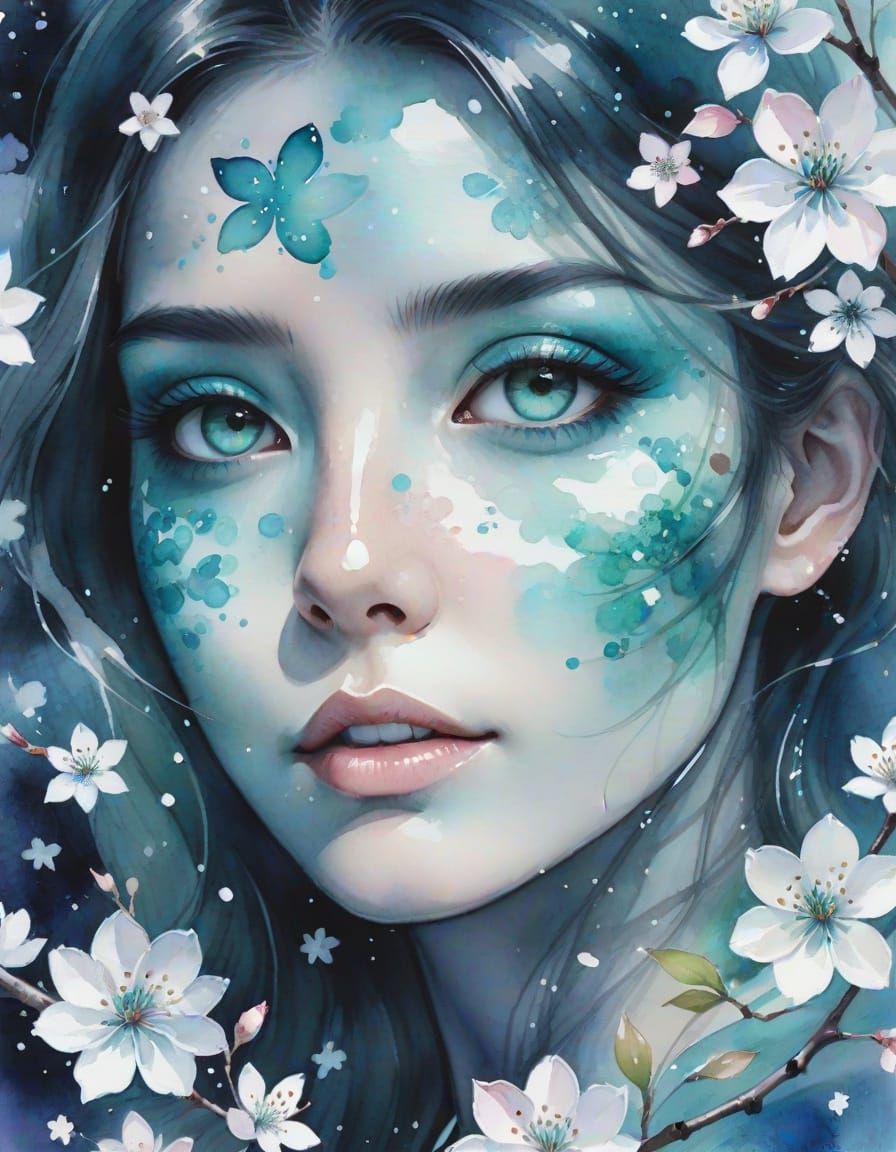 Watercolor Portrait of Woman with Jade Eyes