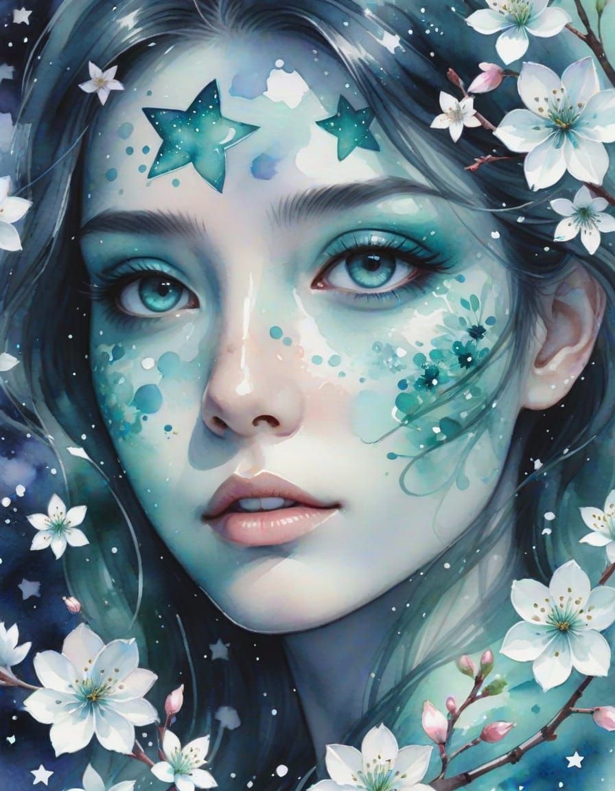 Ethereal Portrait with Sparkling Aquamarine Eyes as Watercol...