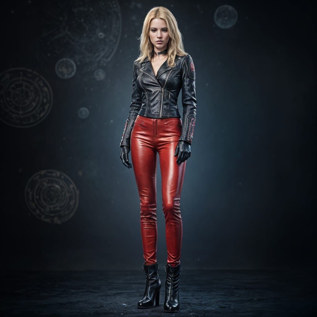 Confident Blonde Woman in Red Leather Attire, Fantasy Concep...