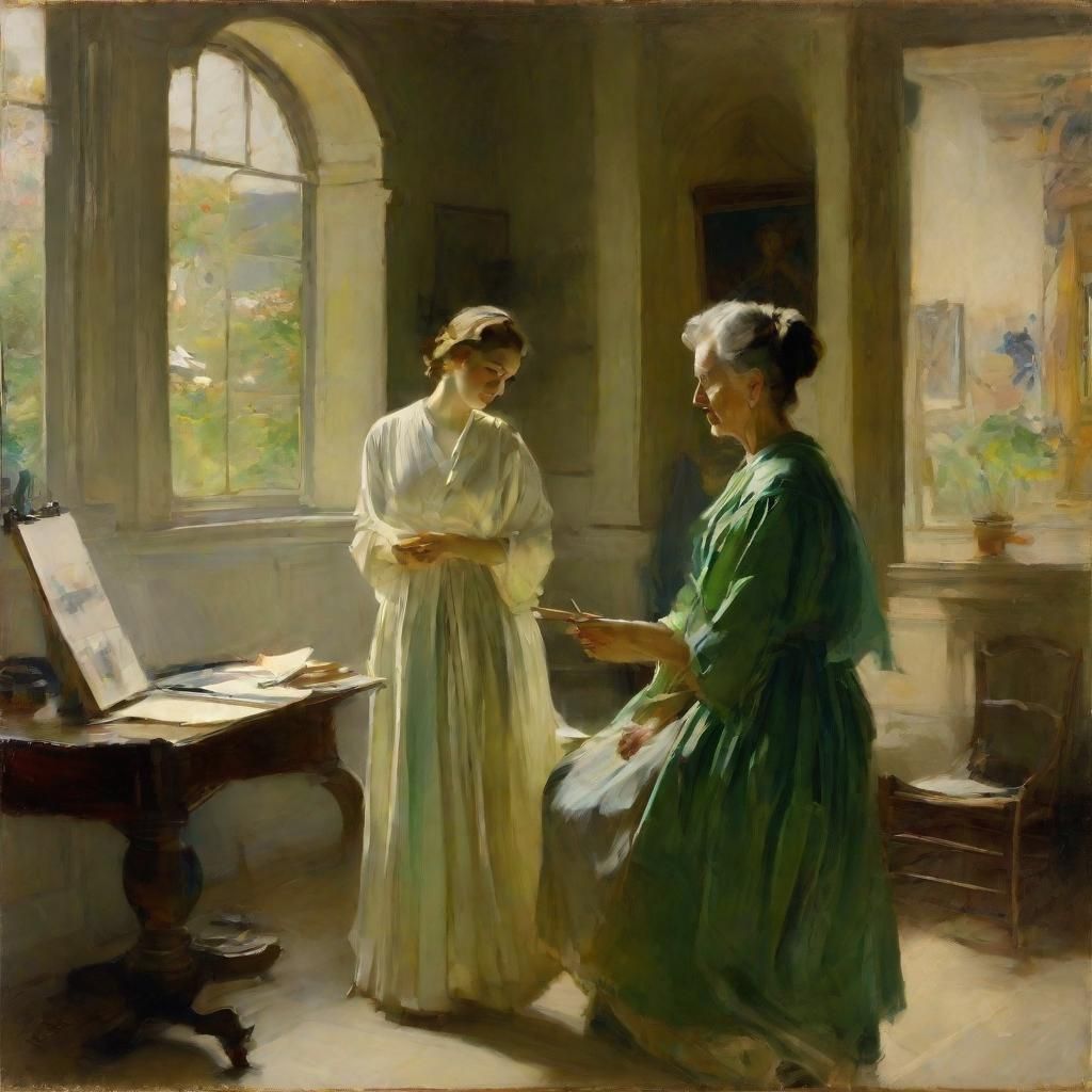 art by John Singer Sargent, a serene art studio, an elderly ...