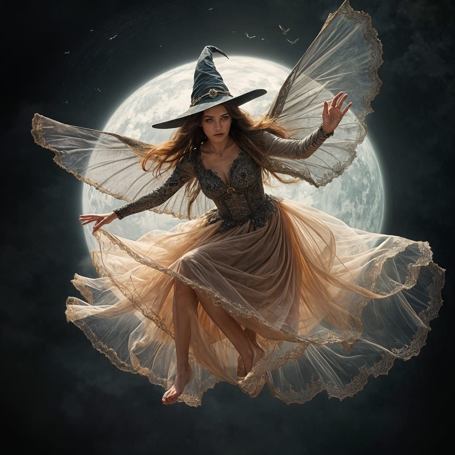 Beautiful Witch Flying in Intricate Dress