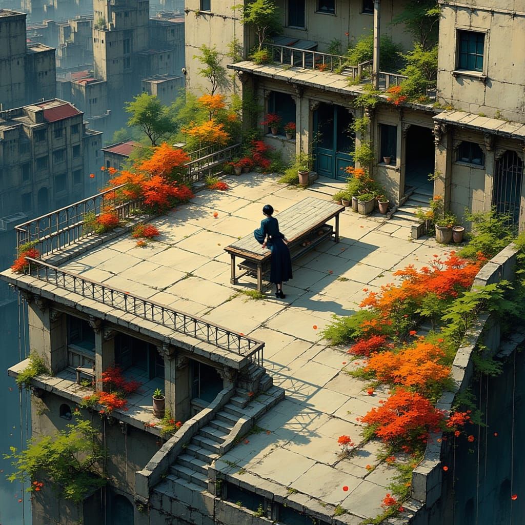Rooftop Garden View in Digital Matte Painting Style