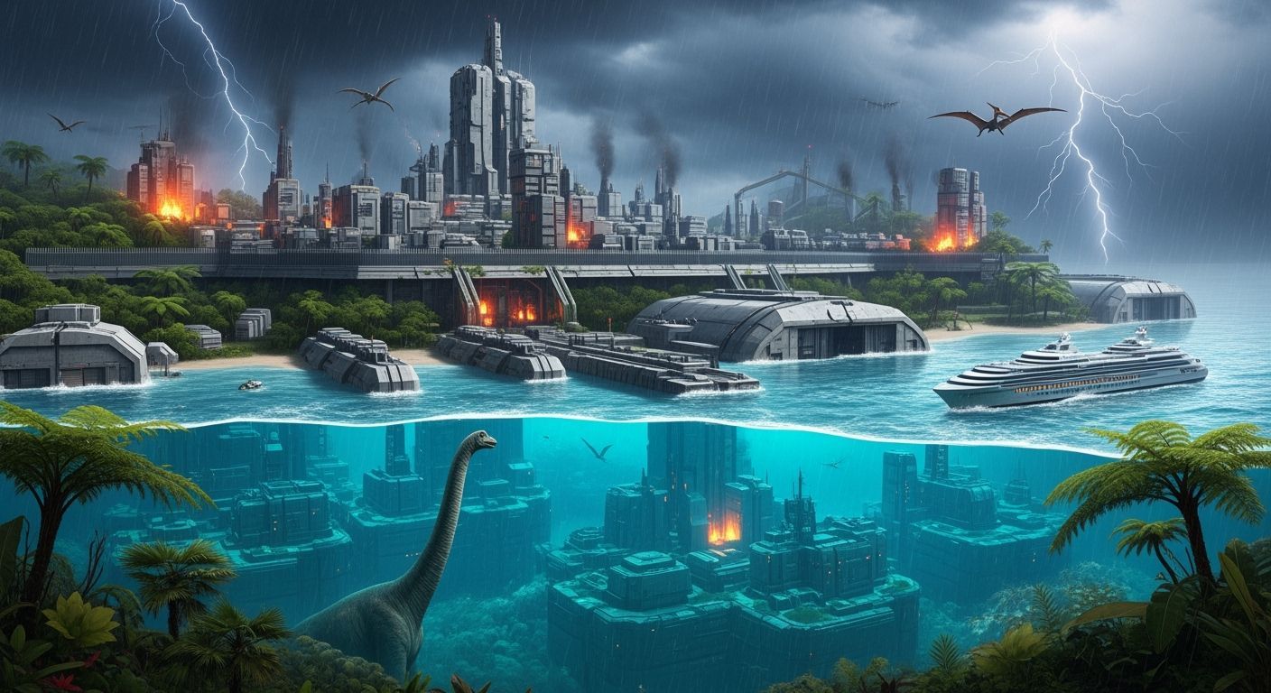 Post-Apocalyptic Bunkers and Jurassic Dinosaurs in Rainstorm