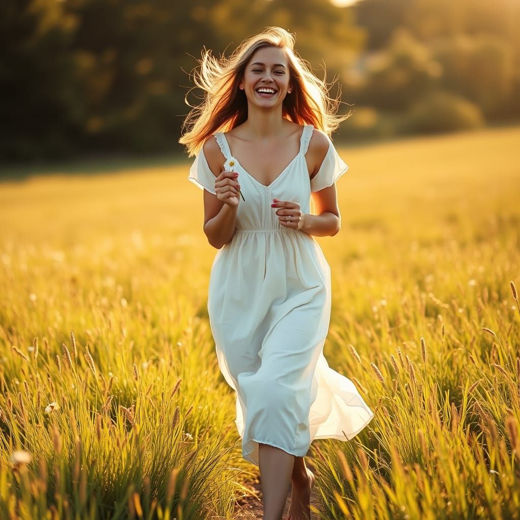 Joyful Woman in Meadow, Candid Photography Style
