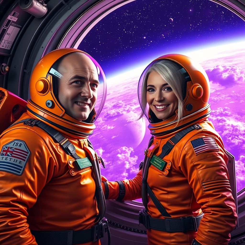 Astronauts in Vibrant Orange Space Suits Repair Spacecraft