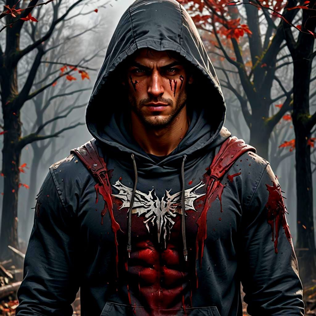 Handsome Bleeding Man in Hoodie: Fantasy Art