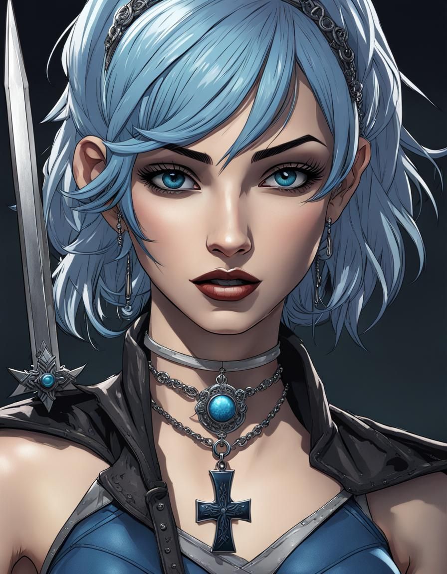 Goth Vampire Hunter with Silver Sword in Cartoon Style