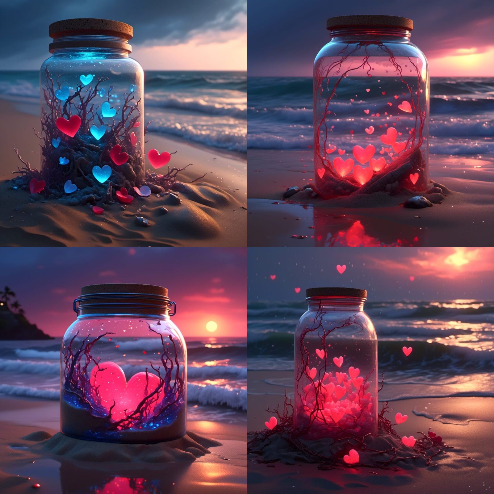 Neon Hearts in a Jar by the Ocean