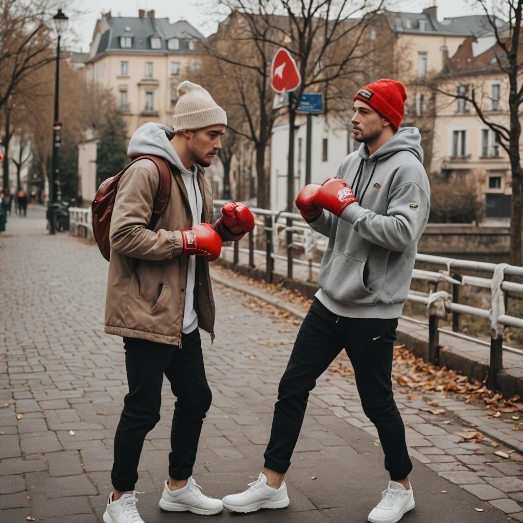 European Men Boxing Beanbag in Aesthetic Scenery