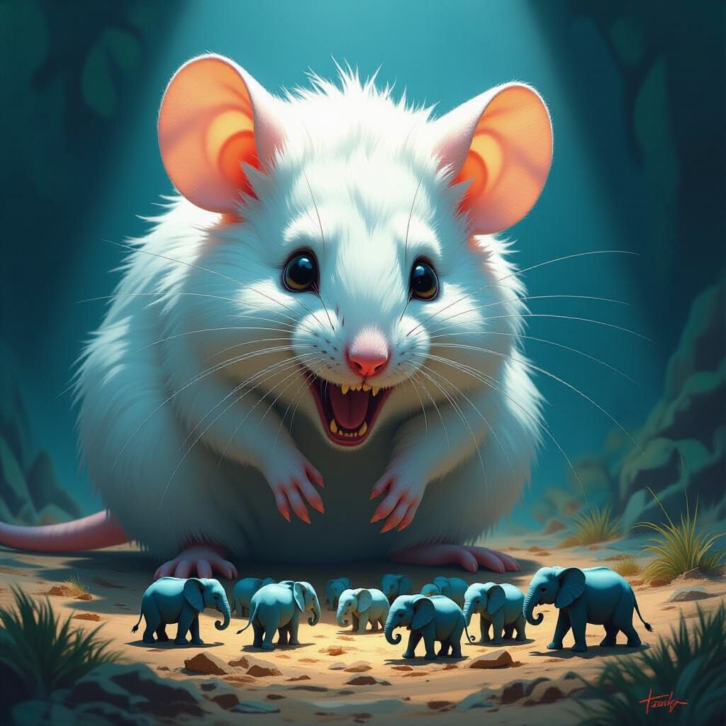 Giant Mouse Terrified by Tiny Elephants Hyperrealistic Digit...