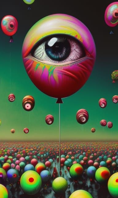 Eyeball Balloon Swarm in Vivid Psychedelic Style