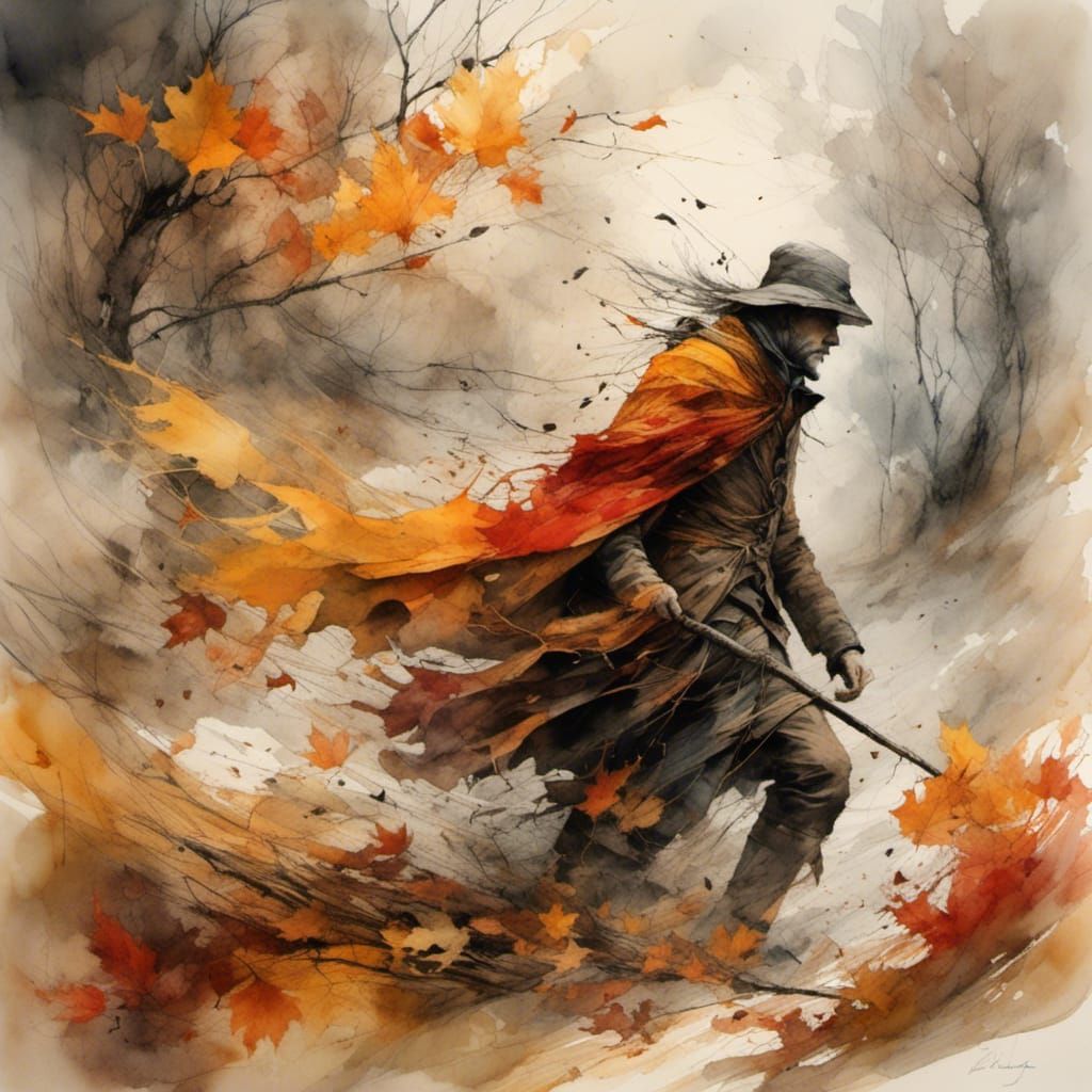 Traveler in Autumn Storm: Watercolor Magic Realism