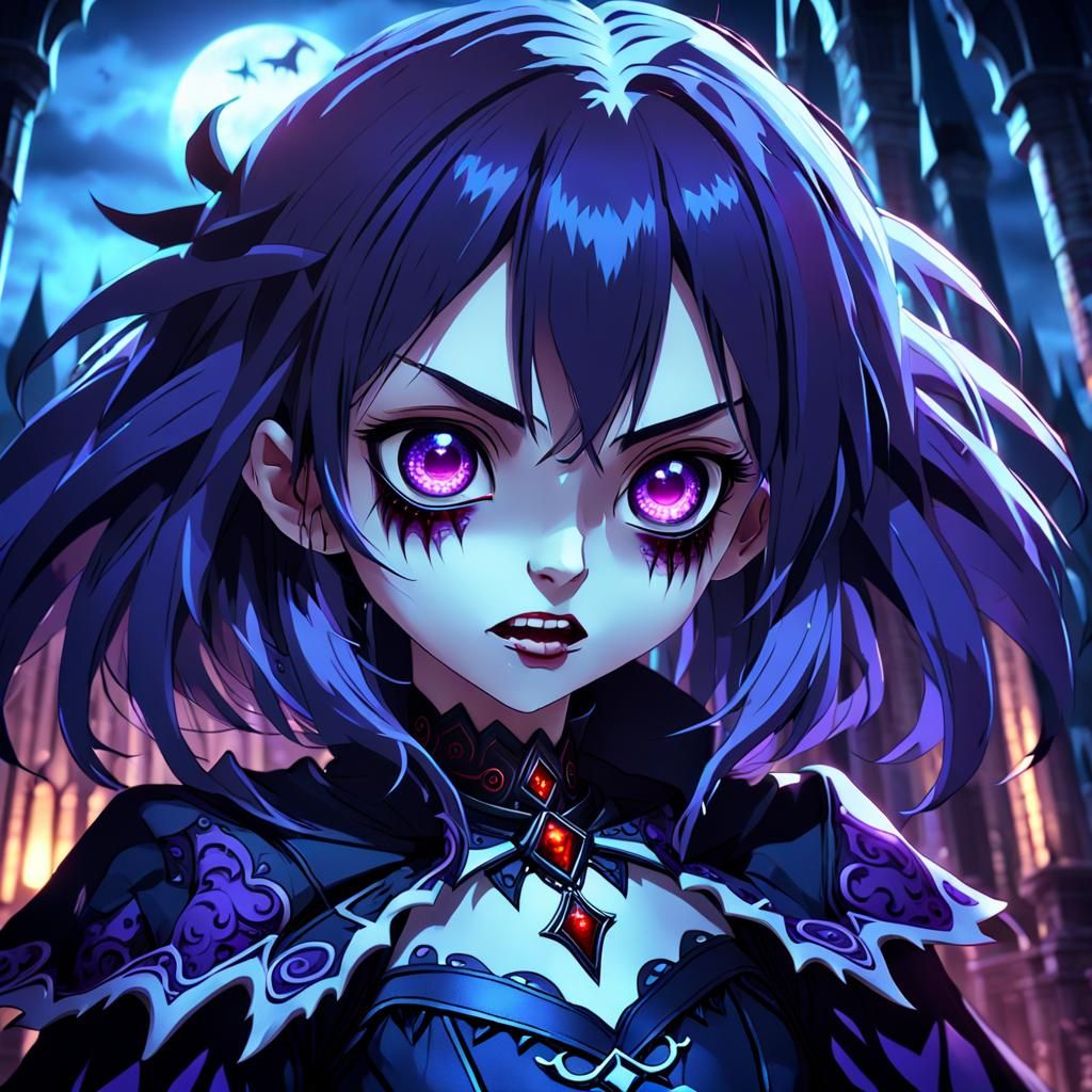 A cute anime female [vampire] with evil expression and dark aura